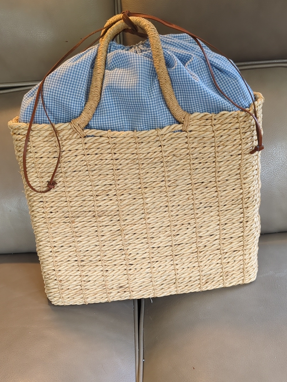 DJNY Woven Straw Tote Bag with Blue Gingham Liner